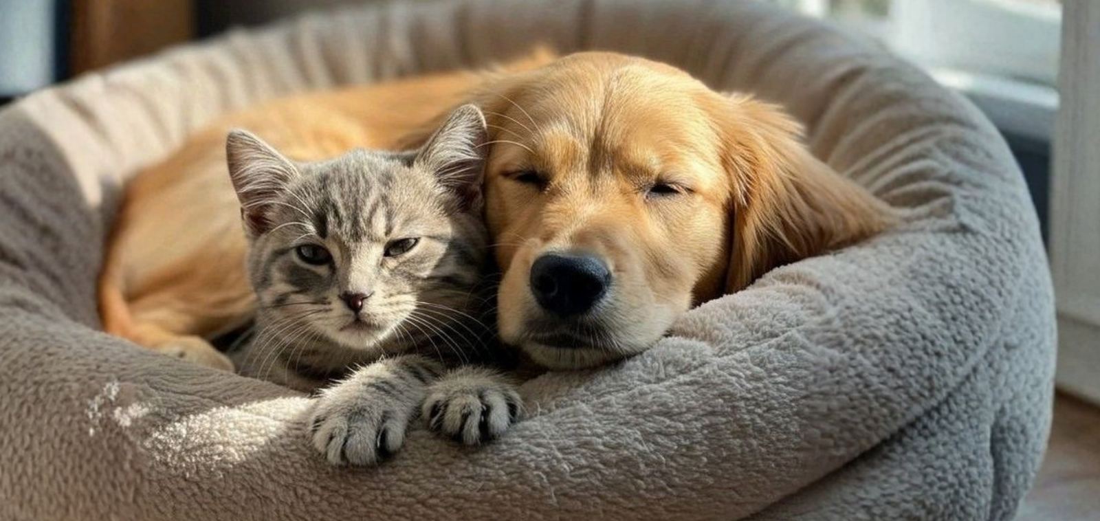 Gatinho e golden retriever dormindo juntos numa caminha
